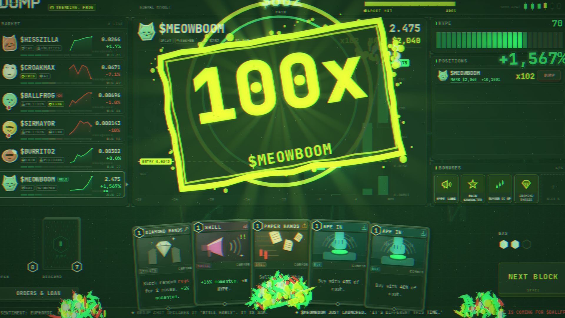 A huge 100x stamp fills the screen in DUMP as the focused coin's chart spikes and the position shows a +1,567% gain.