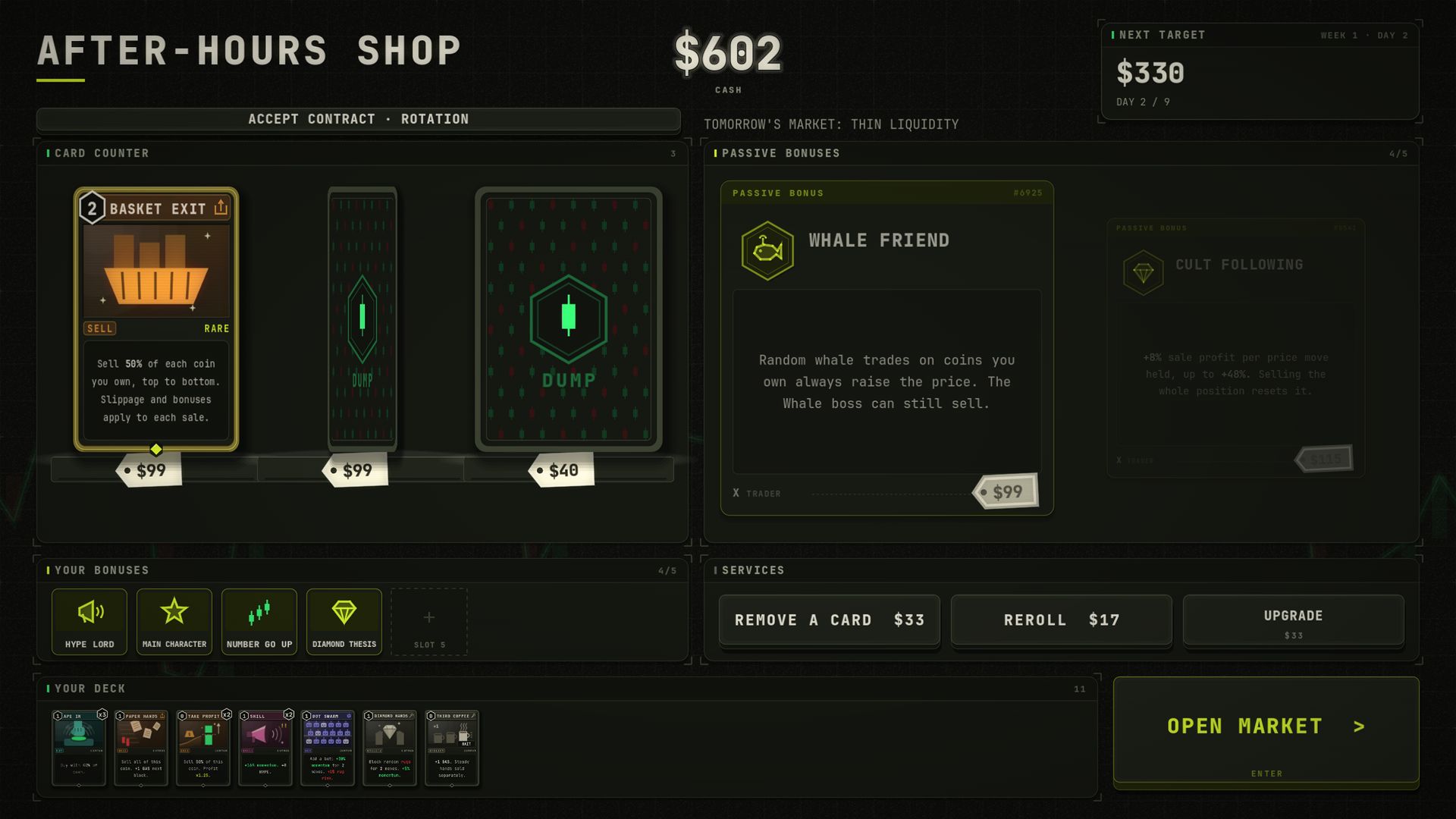 The after-hours shop in DUMP: rare cards, passive bonuses, card removal and upgrade services, and the player's deck along the bottom.