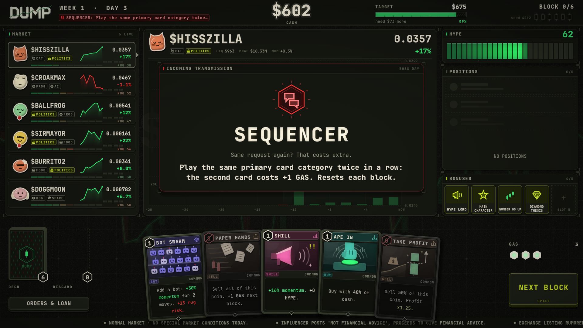 A boss encounter in DUMP: the Sequencer's incoming transmission explains that playing the same card category twice in a row costs extra GAS.