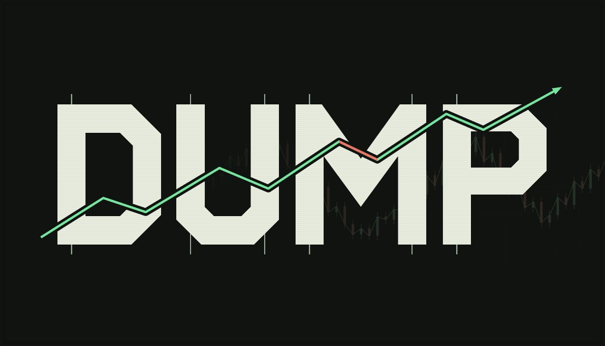 DUMP key art: a green market line climbs and dips through the blocky white DUMP logo on a black background.