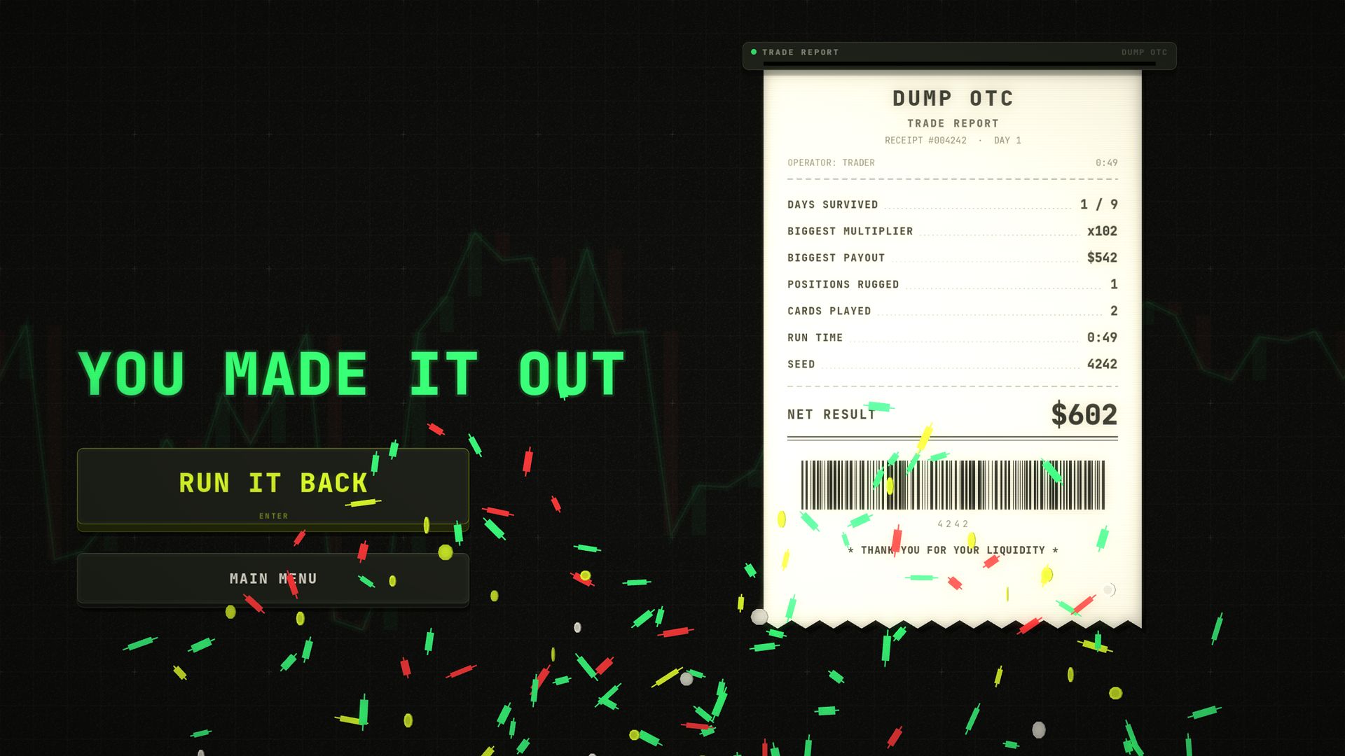 The DUMP trade report at the end of a run: You Made It Out behind a receipt with a x102 biggest multiplier, a $542 biggest payout and a Paid Out stamp.