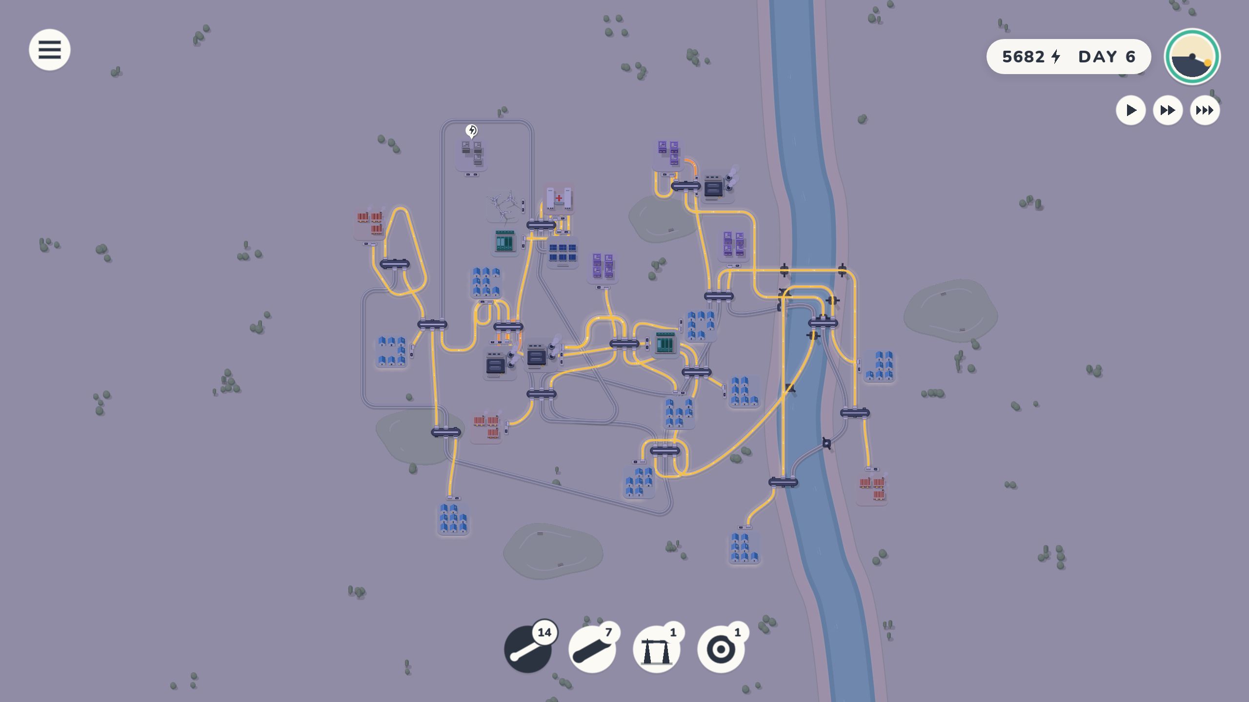 A whole city at dusk on day six, with districts spread along a river and a network of substations and river crossings connecting them.