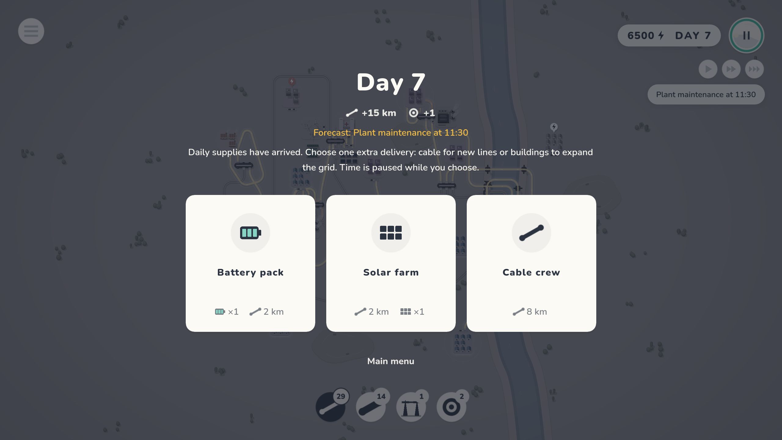 The morning choice for day seven: daily supplies, a forecast of plant maintenance, and three deliveries to choose from.